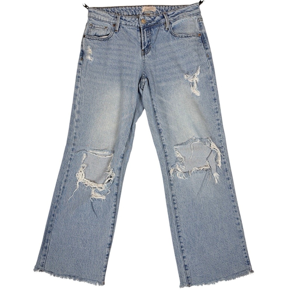 PacSun Low Rise Wide Leg Jeans Womens 26 Distressed Lite Wash Raw Hem Y2K Grunge